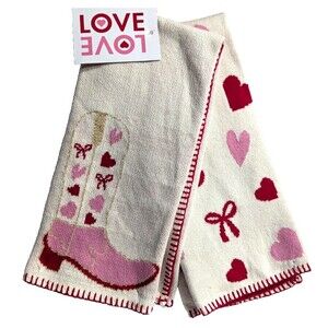 Love Boots Hearts Bows Kitchen Towels Pink Red Cream Cotton Red Edging 2-Pc NEW